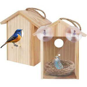 Window Bird House with Strong Suction Cup and Lanyard for Outside - See Through